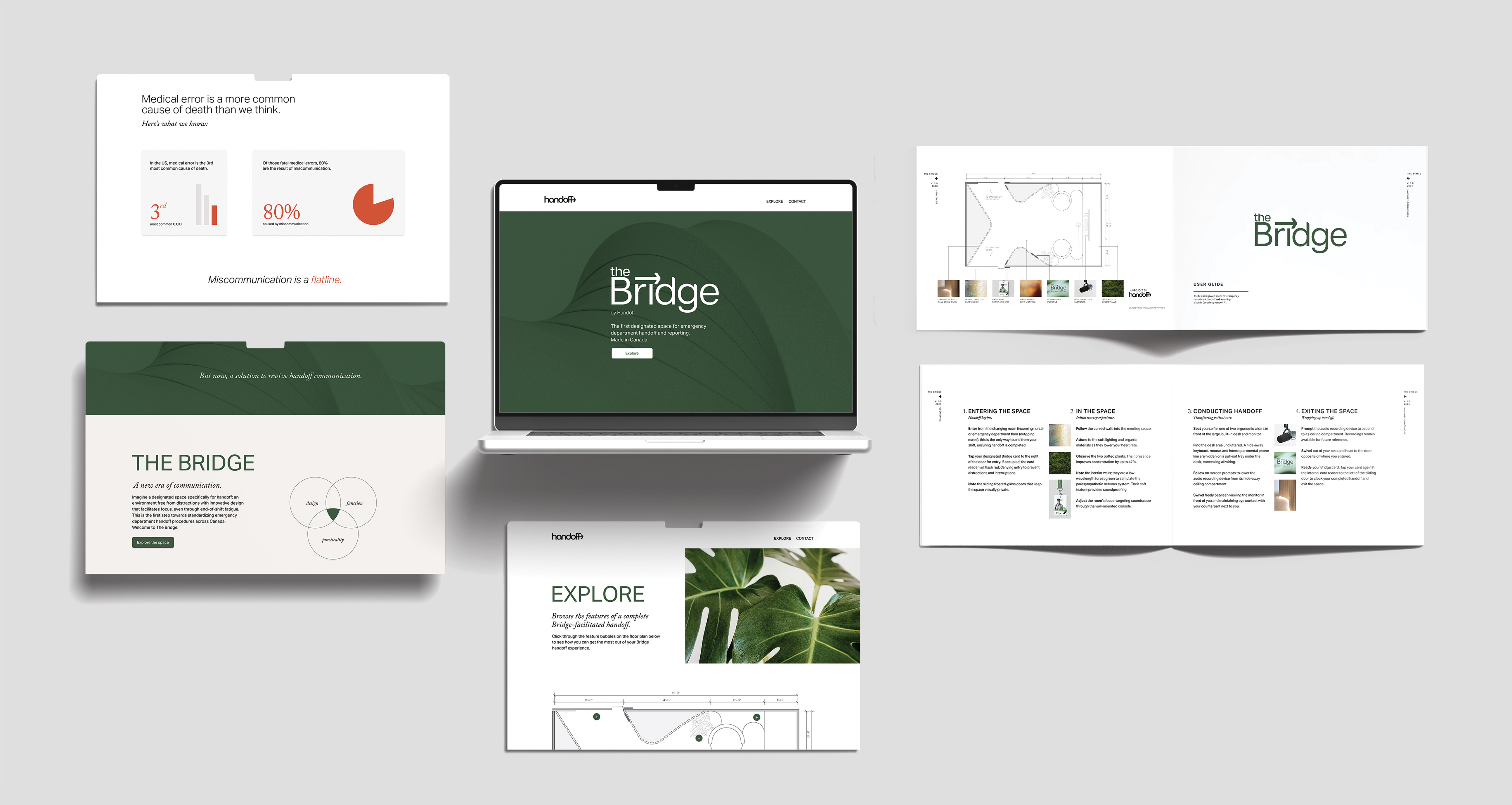 The Bridge website mockup and orientation booklet against a grey background.